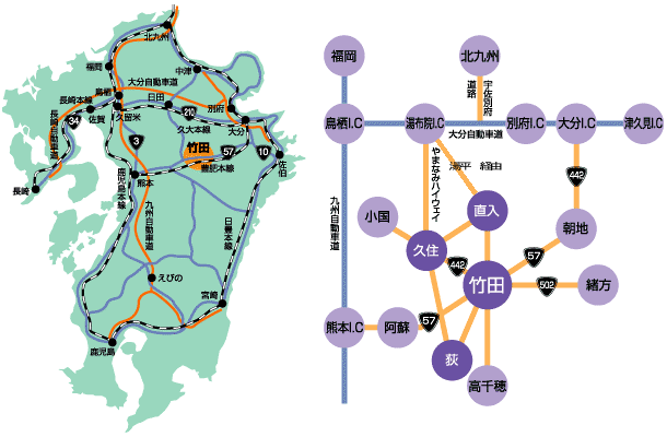 竹田市までの交通アクセスの地図